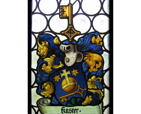 Kuster Familienwappen in Butzenscheibe integriert -Glasmalerei-Bleiverglasung-Wappenscheiben