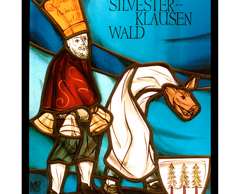 Wappenscheibe mit folkloristischem Motiv Silvesterklausen Wald -Glasmalerei-Bleiverglasung-