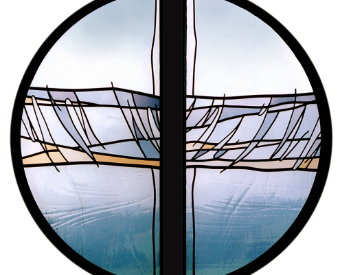 Moderne Glasmalerei – Rosette Sunnehus Wildhaus – Entwurf und Ausführung Peter Kuster -Glasmalerei-Bleiverglasung-Glaskunst-Glasdesign