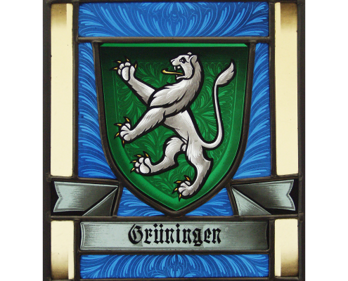 Wappenscheibe Grüningen – Grisailles -Bleiverglasung-Wappenscheibe Glasmalerei